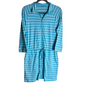 Lands End 3/4 Sleeve Blue White Striped Half Zip Dress Medium ASIS